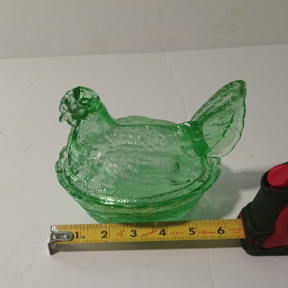 Vintage Style Green Glass Hen On Nest 6 Inches Long